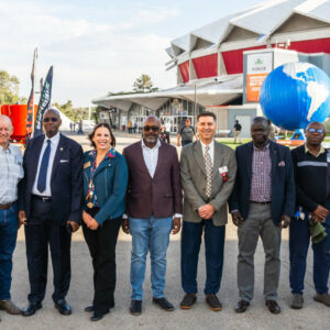 World Dairy Expo board member, Keith Heikes (2nd from left); General Manager, Laura Herschleb (4th from left) and Board President, Bill Hageman (6th from left) welcomed a delegation of industry representatives and the Ugandan Minister of State for Agriculture, Animal Industry and Fisheries, Hon. Dr. Rwamirama Bright K. PhD, a dairy producer himself, (3rd from left) to World Dairy Expo 2023.