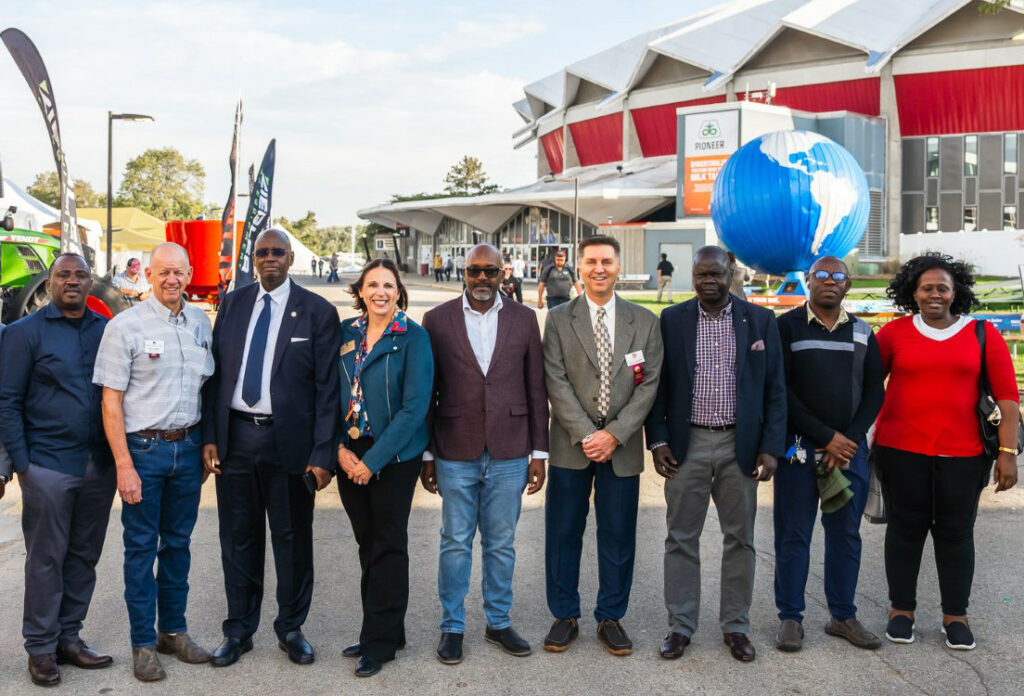 World Dairy Expo board member, Keith Heikes (2nd from left); General Manager, Laura Herschleb (4th from left) and Board President, Bill Hageman (6th from left) welcomed a delegation of industry representatives and the Ugandan Minister of State for Agriculture, Animal Industry and Fisheries, Hon. Dr. Rwamirama Bright K. PhD, a dairy producer himself, (3rd from left) to World Dairy Expo 2023.